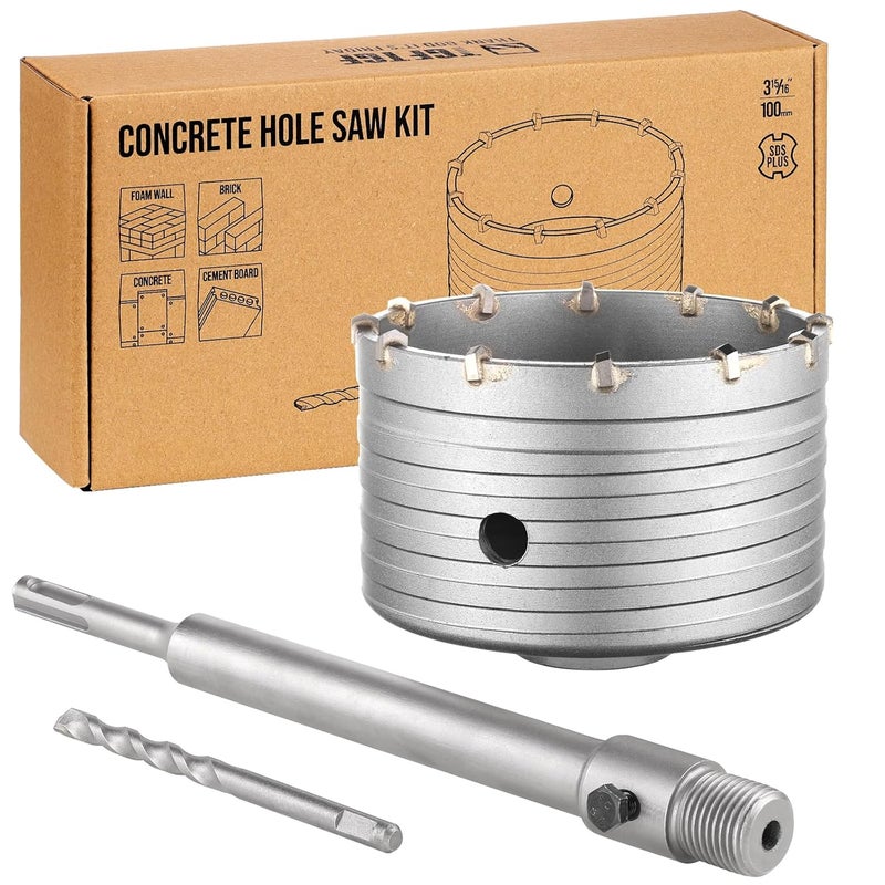 TGFTGF 100mm Concrete Hole Saw Kit, Tungsten Carbide Masonry Hole Saw Kit with 250mm SDS Plus Bit Shank Drill Bit Sets for Concrete, Brick, Stone, Cement, Tile, Wall Drilling - Image 1